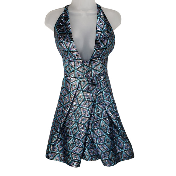 Milly Metallic Dress S Women Blue Purple Black Skater Plunging V Neck Prom Party - Picture 1 of 14